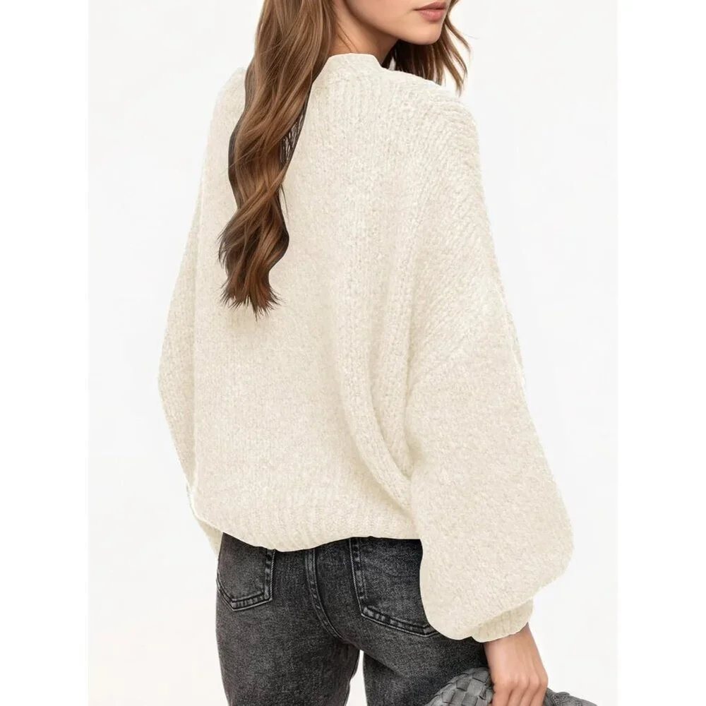Women’s Oversized Chunky Knit Sweater Lantern Sleeve Mock Neck Casual Top